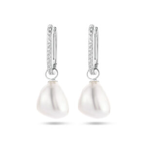 oorringen paperclip barok parel en zirkonia zilver gerhodineerd