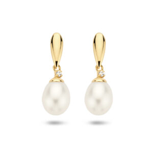 9k oorhangers parel en zirkonia 19 mm 9K geel kleurig