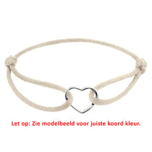armband satijn hart 13 - 26 cm zilver gerhodineerd met rubber/nylon/leer