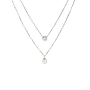 collier synth. parel en zirkonia 45 cm zilver gerhodineerd