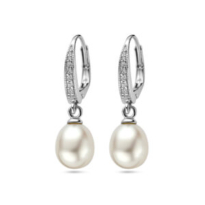 oorhangers parel en zirkonia briseur haak 29 mm zilver gerhodineerd