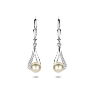 oorhangers parel zirkonia brisur haak 30 mm zilver gerhodineerd
