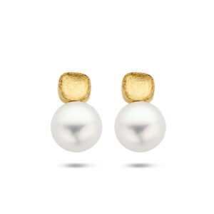 oorknoppen parel gescratcht 14K geelgoud