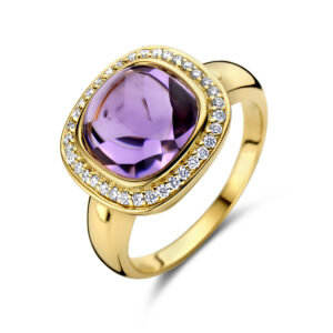 ring amethist en diamant 0.20ct h si halo 14K geelgoud