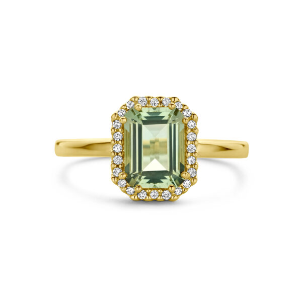 ring groen amethist en diamant 0.10ct h si halo 14K geelgoud - Afbeelding 3
