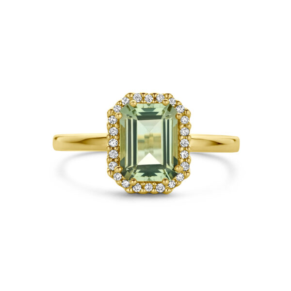 ring groen amethist en diamant 0.10ct h si halo 18K geelgoud - Afbeelding 3