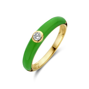 ring groen emaille en diamant 0.10ct  h si 14K geelgoud