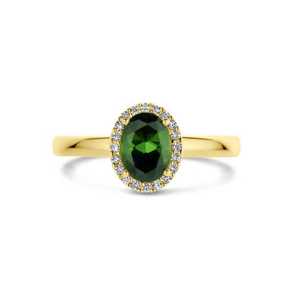 ring groen toermalijn en diamant 0.08ct h si halo 14K geelgoud - Afbeelding 4