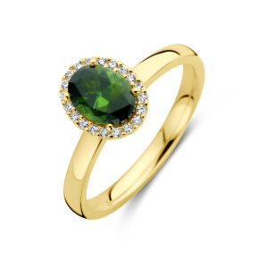 ring groen toermalijn en diamant 0.08ct h si halo 14K geelgoud