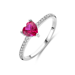 ring hart corundumkleurig en wit zirkonia zilver gerhodineerd