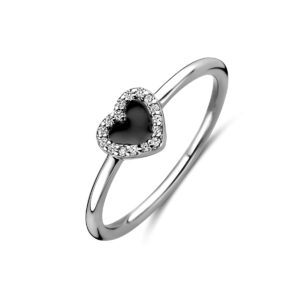 ring hart, zirkonia en zwart emaille halo zilver gerhodineerd