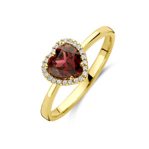 ring hartje roze rhodoliet en diamant 0.06ct h si 14K geelgoud