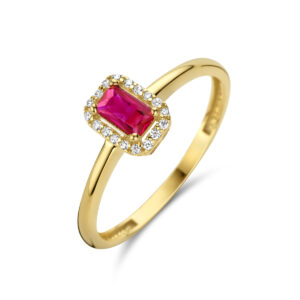 ring rood en wit zirkonia halo 14K geelgoud