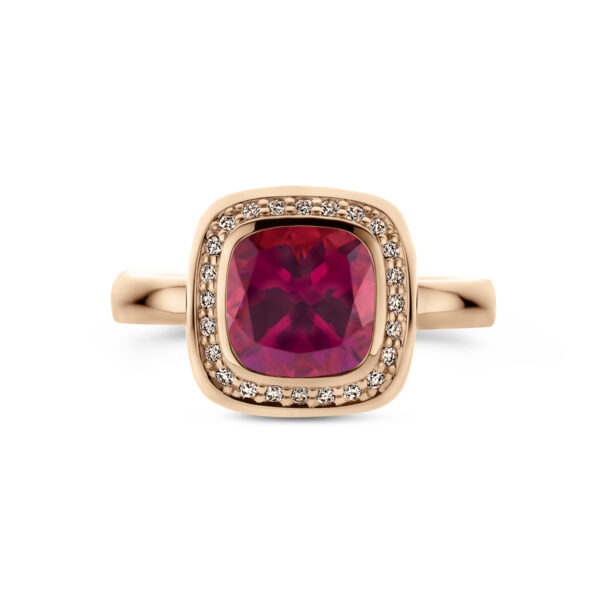 ring roze rhodoliet en diamant 0.14ct h si halo 14K roségoud - Afbeelding 4