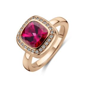 ring roze rhodoliet en diamant 0.14ct h si halo 14K roségoud