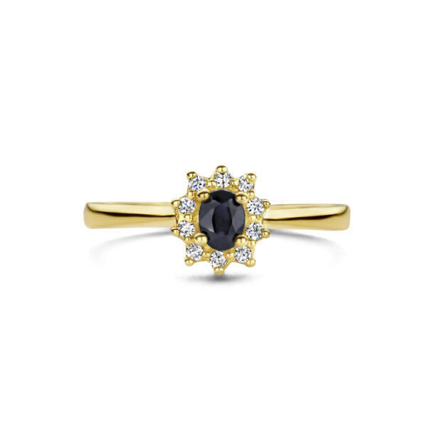 ring saffier en diamant 0.08ct h p1 halo 14K geelgoud - Afbeelding 4