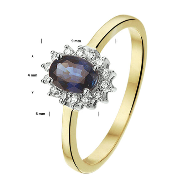 ring saffier en diamant 0.10ct h si halo 14K bicolor goud geel/wit - Afbeelding 2