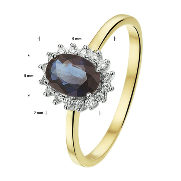 ring saffier en diamant 0.11ct h si halo 14K bicolor goud geel/wit - Afbeelding 2