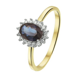 ring saffier en diamant 0.11ct h si halo 14K bicolor goud geel/wit