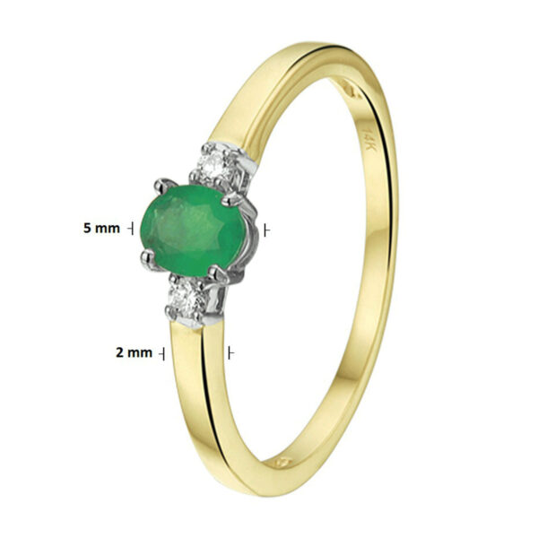 ring smaragd en diamant 0.05ct h si 14K bicolor goud geel/wit - Afbeelding 2