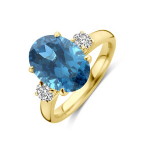 ring trilogie lab grown london blue topaas en diamant 0.35ct h si 14K geelgoud