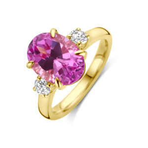 ring trilogie lab grown roze saffier en diamant 0.35ct h si 14K geelgoud