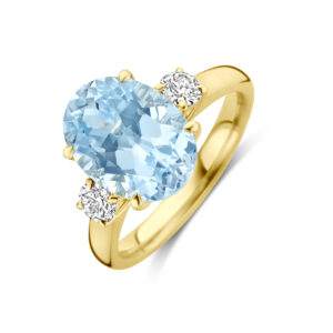 ring trilogie lab grown sky blue topaas en diamant 0.35ct h si 14K geelgoud