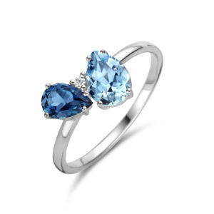 ring trilogie london blue topaas, blauw topaas en diamant 0.01ct h p1 14K witgoud