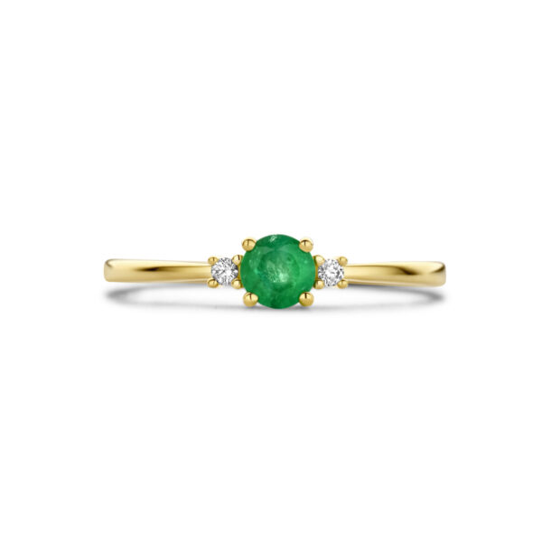 ring trilogie smaragd en diamant 0.03ct (2x 0.015ct) h p1 14K geelgoud - Afbeelding 4