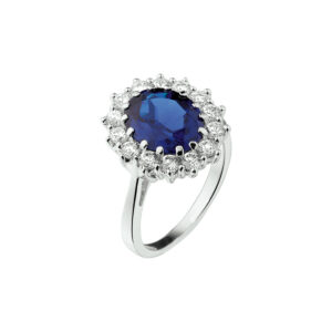 ring zirkonia en synthetische saffier halo zilver gerhodineerd