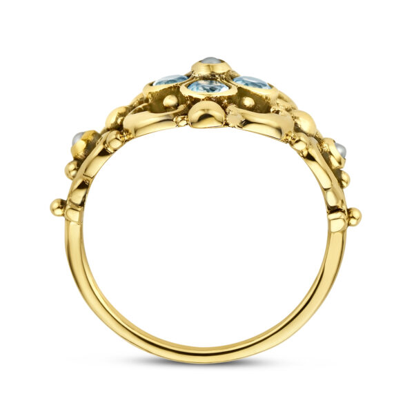 vintage ring filigrain parel en blauw topaas 14K geelgoud - Afbeelding 3