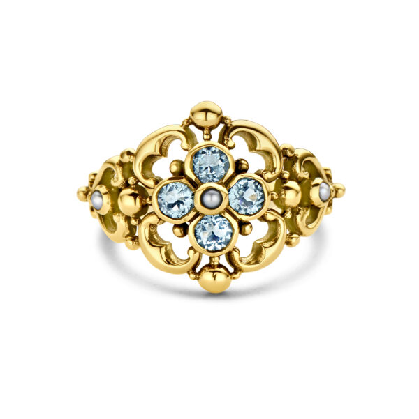 vintage ring filigrain parel en blauw topaas 14K geelgoud - Afbeelding 4