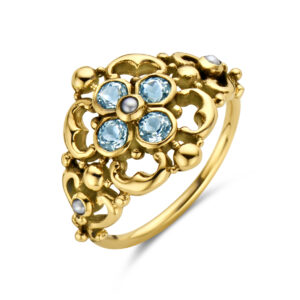 vintage ring filigrain parel en blauw topaas 14K geelgoud