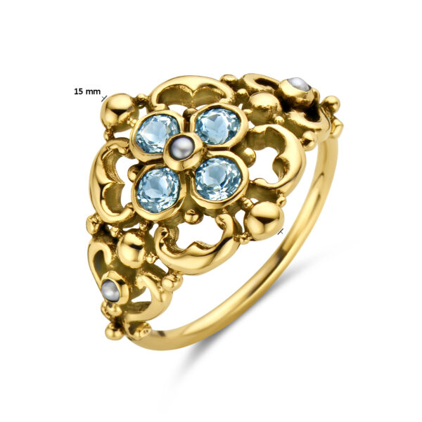 vintage ring filigrain parel en blauw topaas 14K geelgoud - Afbeelding 5