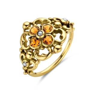 vintage ring filigrain parel en citrien 14K geelgoud