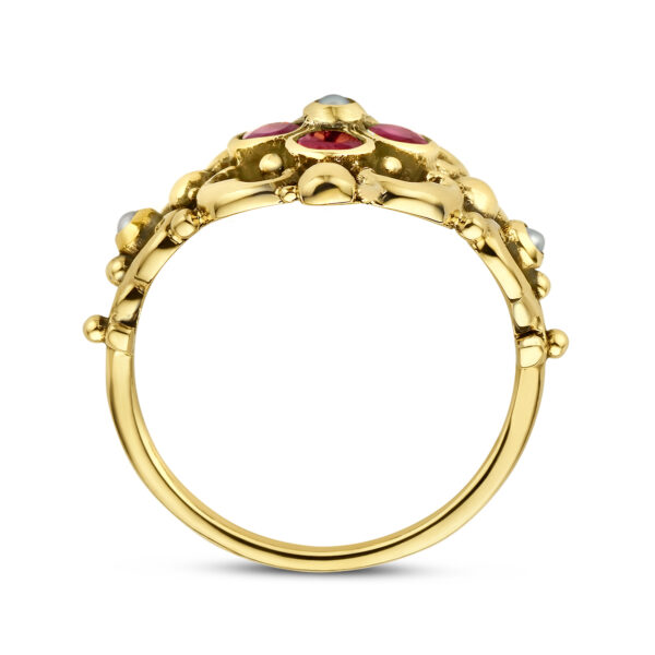 vintage ring filigrain parel en robijn 14K geelgoud - Afbeelding 3