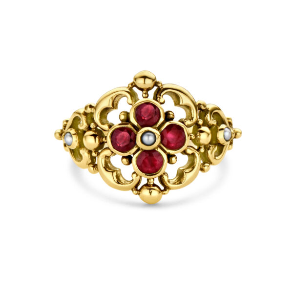 vintage ring filigrain parel en robijn 14K geelgoud - Afbeelding 4