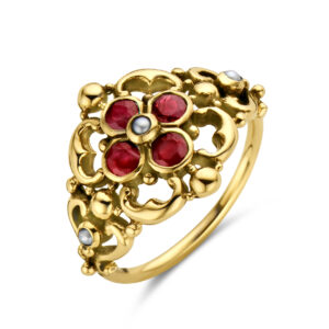 vintage ring filigrain parel en robijn 14K geelgoud