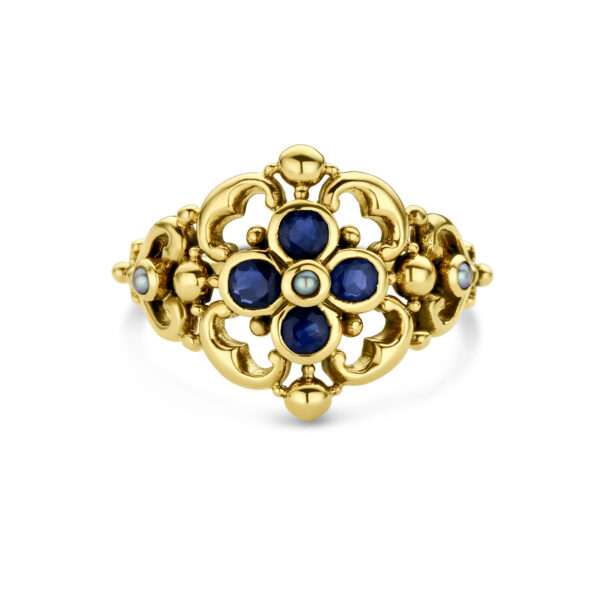 vintage ring filigrain parel en saffier 14K geelgoud - Afbeelding 4