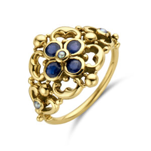 vintage ring filigrain parel en saffier 14K geelgoud