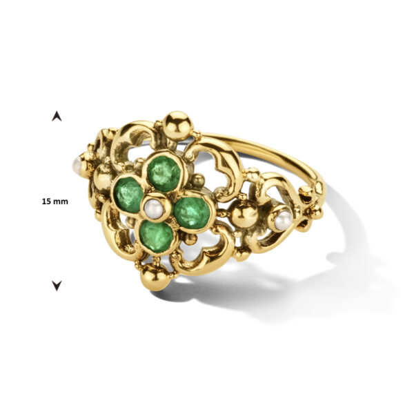 vintage ring filigrain parel smaragd 14K geelgoud - Afbeelding 2