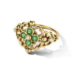 vintage ring filigrain parel smaragd 14K geelgoud