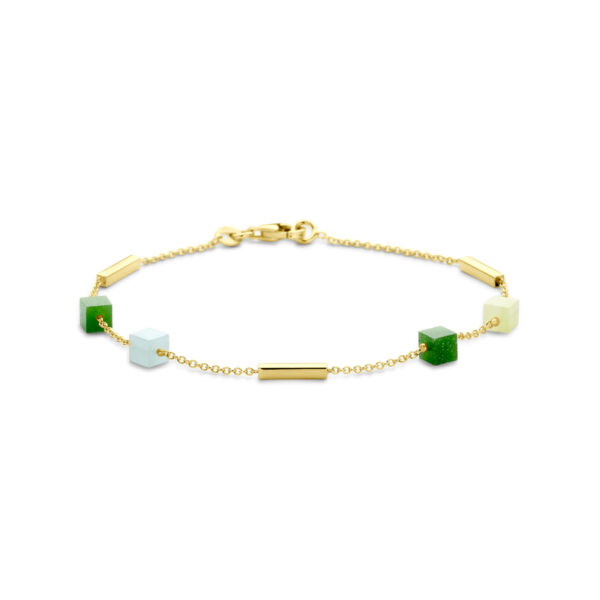 armband blauw en groen kwartsiet 19 cm 14K geelgoud