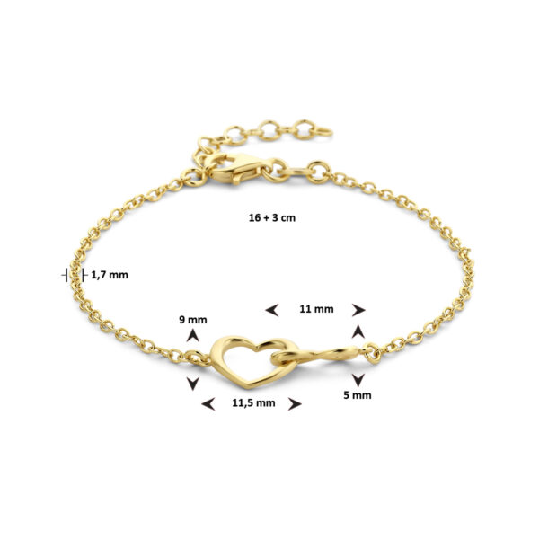 armband hart en infinity 16 + 3 cm 3 micron zilver verguld (geel) - Afbeelding 3