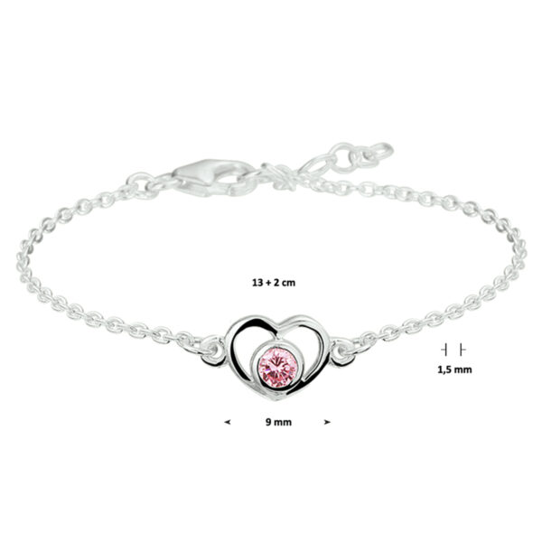 armband hart en roze zirkonia 13 - 15 cm zilver wit - Afbeelding 3