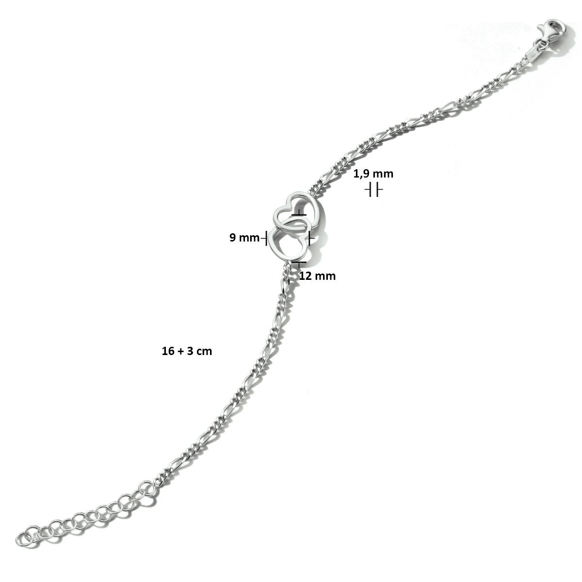 armband hartjes 16 + 3 cm zilver gerhodineerd - Afbeelding 2