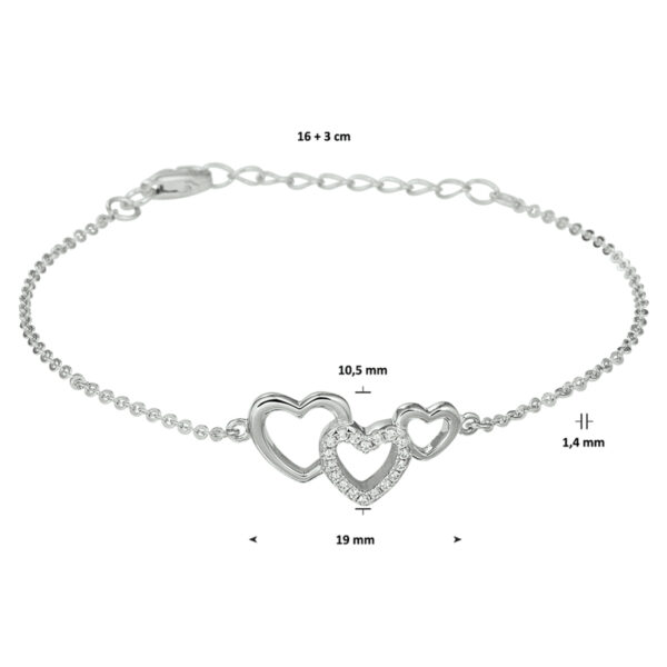 armband hartjes en zirkonia 16 + 3 cm zilver gerhodineerd - Afbeelding 2
