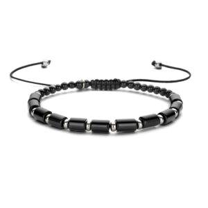 armband onyx 19 - 30 cm zilver gerhodineerd met rubber/nylon/leer