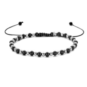 armband onyx en bolletjes 4,0 mm 16 - 26 cm zilver gerhodineerd met rubber/nylon/leer