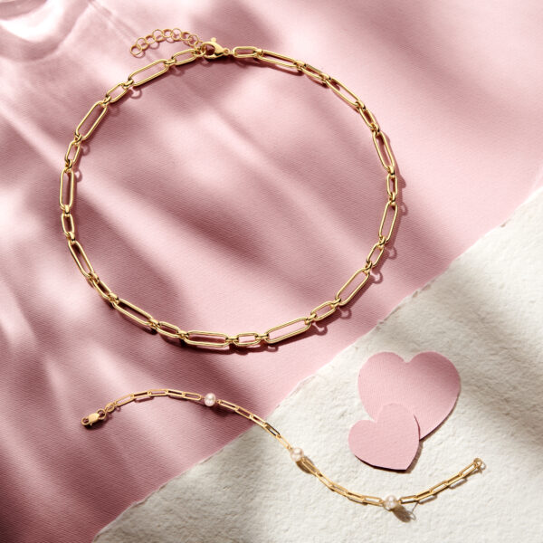 armband paperclip 2,7 mm en parels 18,5 cm 14K geelgoud - Afbeelding 4